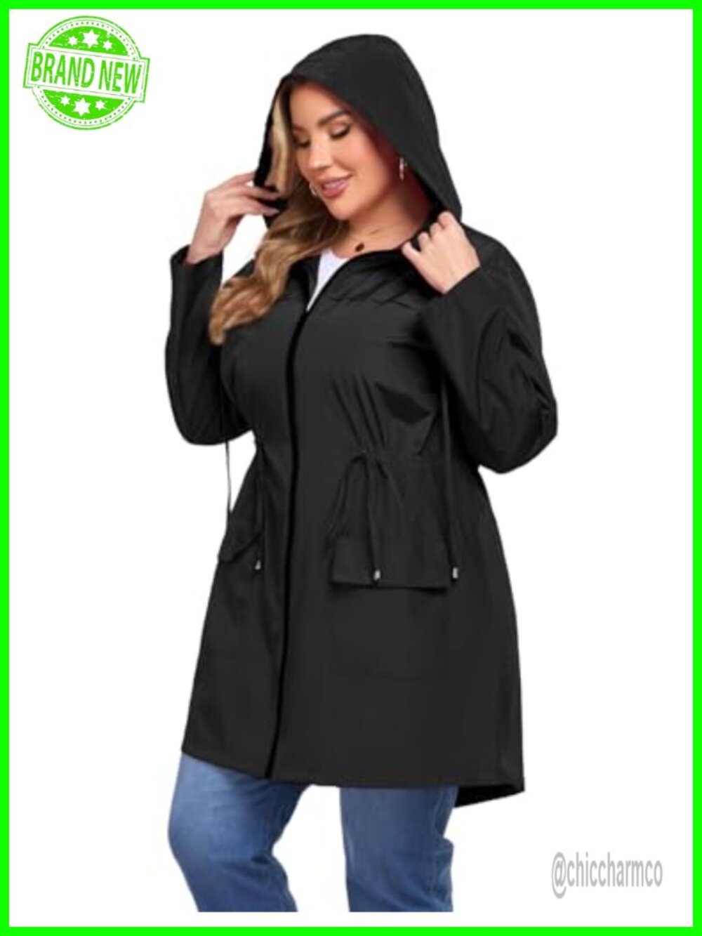 Plus Size Waterproof Midi Raincoat with Hood Lightweight Windbreaker